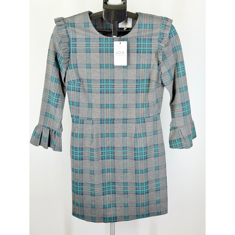 JOA Just One Answer Grey Plaid Ruffle Sleeve Mini Dress Womens Medium NWT